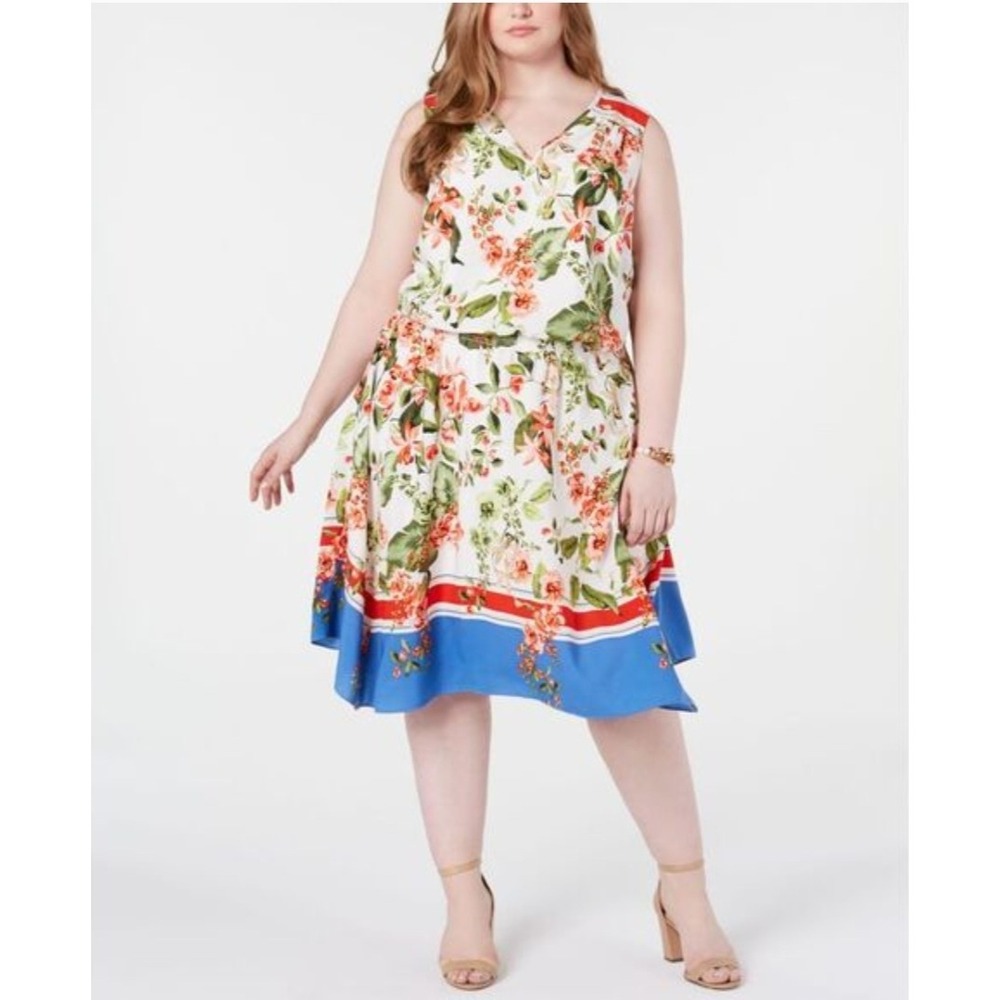 Tommy Hilfiger Women FloralStripe Sleeveless V-Neck MidiDress Size 16 White Blue